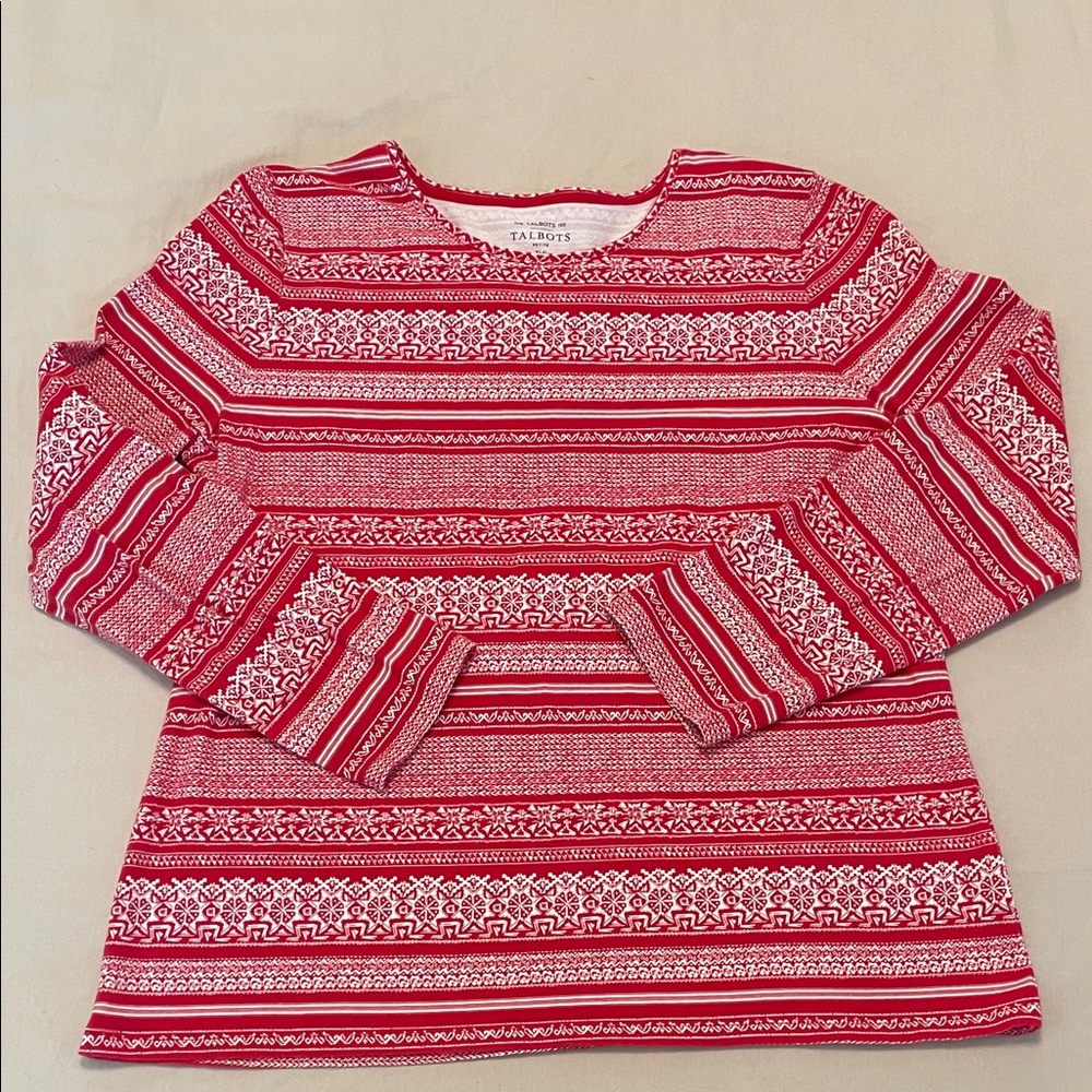 Talbots Red & White Nordic Festive‎ Holiday Patterned Long Sleeve Tee SzXLP